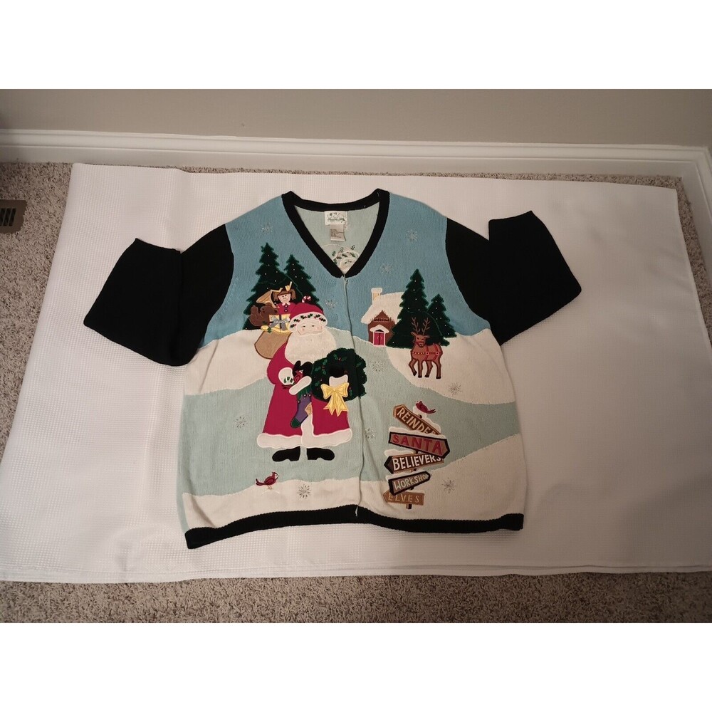 The Quacker Factory Womens Cardigan Sz 3X Hidden Buttons Christmas Scene Santa